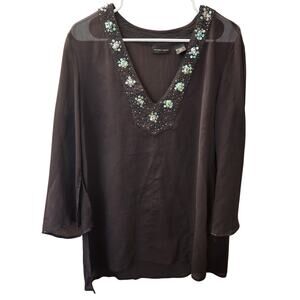 New York & Company Brown Sheer Beaded V-Neck Blouse Top Size Large